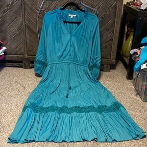 Chico’s pagoda blue maxi Dress with ruffle crochet pattern, NWT